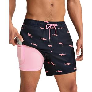 maamgic Mens Swim Trunks with Compression Liner 5 Inch, Quick Dry Bathing Suit with Zipper Pockets, No-Chafing Swim Shorts (Medium, Black-pink Shark)