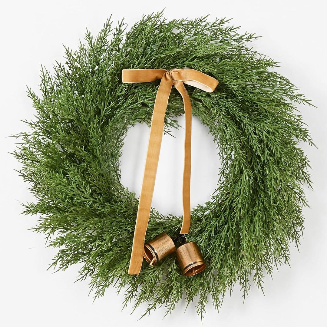 Waipfaru 24 Inch Christmas Wreath, Cedar Wreath Artificial Realistic with Bow and Bell, Large Christmas Pine Wreaths for Front Door, Windows, Outdoor, Indoor, Wall, Christmas Decorations (1Pcs)