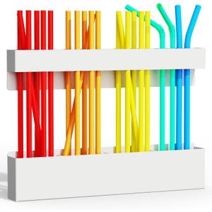 Metal Straw Holder for Cabinet Door with Magnetic and Double Sided Adhesive Tape,Reusable Tumbler Straw Organizer Storage for Refrigerator,Kitchen Accessories Container (White)