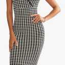 WDIRARA Women's Houndstooth Wrap V Neck Ruffle Trim Cap Sleeve Bodycon Dress Size S
