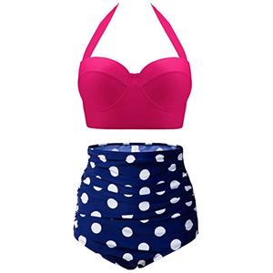CHERRY CAT Retro Polka High Waisted Bikinis Super Cute Bathing Suits(Rose Red&Navy,Medium (fits Like US 4-6))