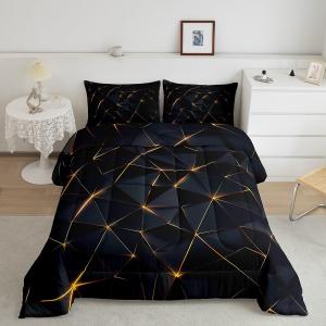 Feelyou Honeycomb Comforter Queen Size,Geometric Stereoscopic Theme Teens Boys Bedding Set,Adults Bedroom Decoration 3D Black Gold Print Comforter Set All Season (Multi 101)