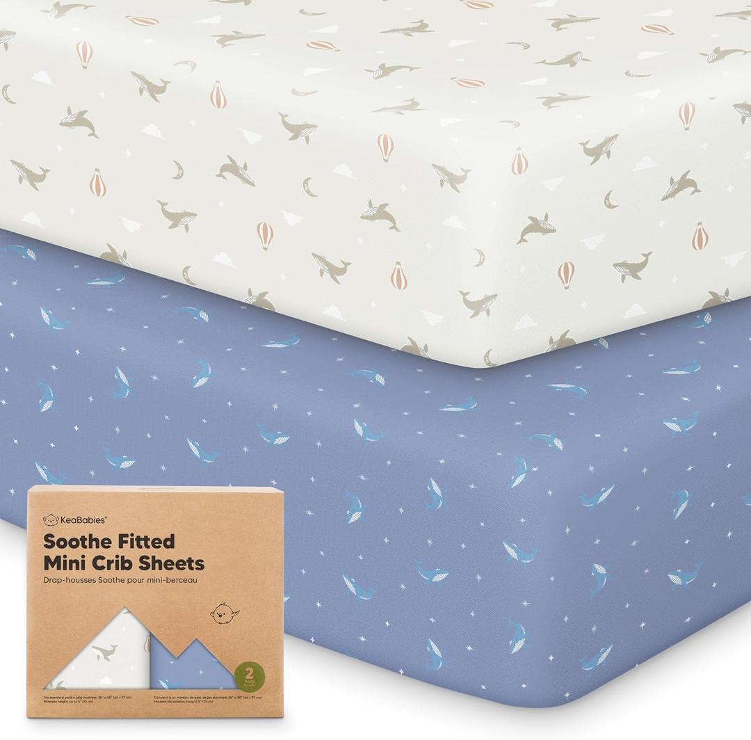 2-Pack Mini Crib Sheets Fitted - 38x26 Pack N Play Sheets for Pack and Play Mattress, Organic Cotton, Soft & Breathable Playard Bedding, Neutral Mini Toddler Bed Cover for Boys, Girls (Marine Muse)