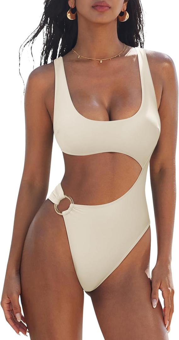 SUUKSESS Women Sexy One Piece Tummy Control Swimsuit Cutout Backless Bathing Suit (Beige White, XL)