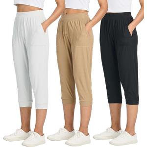 Real Essentials 3 Pack: Women's Ribbed Capri Jogger Lounge Sweatpants with Pockets Yoga Workout (S)