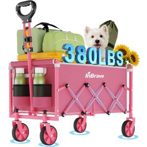 Collapsible Wagon Cart, 380LBS Heavy Duty Utility Wagons with All-Terrain Wheels, Foldable Grocery Carts for Gardening, Shopping, Beach, Camping,Pink
