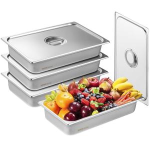 VEVOR 4-Pack Full Size Pan Set, Steam Table Pans with Lids, Stainless Steel, 0.8mm Thick, 4-Inch Deep, for Industrial & Catering