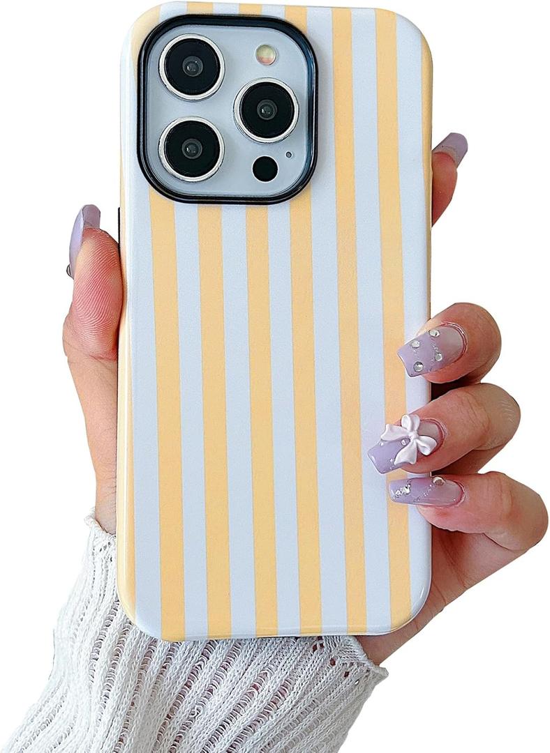 Compatible with iPhone 14 Pro Max Case,Cute Yellow Stripes Vertical Lines Pattern with Shockproof Slim Soft TPU and Hard PC Protective Cover for Women Designed for iPhone 14 Pro Max Case