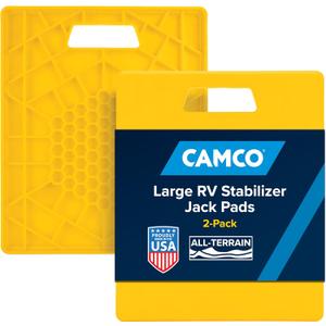 Camco Camper/RV Large Stabilizer Jack Pads - Features Interlocking Design & Handy Strap for RV Storage - Built-in Handle - Use with RV Leveling System, RV Levels & More - 14” x 12”, 2-Pk (44541)