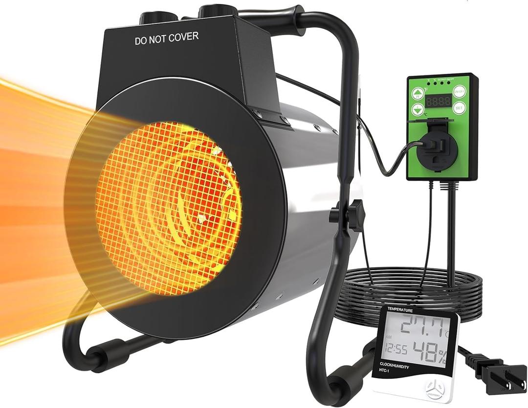 Electric Greenhouse Heater with Thermostat - 1500W Stainless Steel Outdoor Fan Heater, Fast Heating, Overheat Protection, Heating for Garage, Flower Room, Grow Tent (Silver)