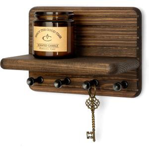 Rebee Vision Small Farmhouse Key Holder Wall Mount for Home Decor  Mini 7-inch Wooden Key Holder for Wall with 4 Hooks & Floating Shelf - Apartment Essentials for a Tidy & Trendy House (Brown)