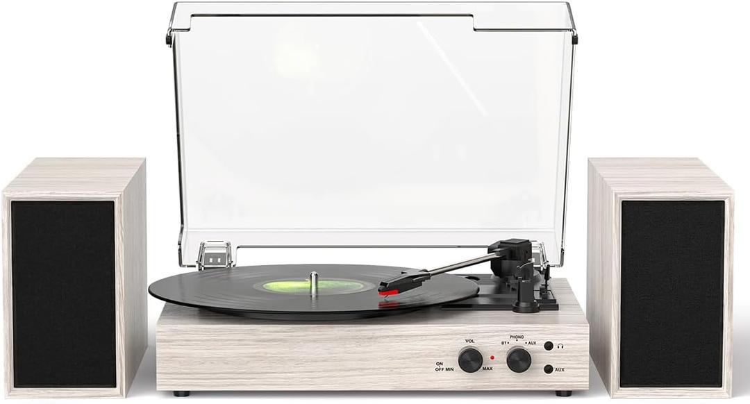Record Player with Speakers and USB Encoding, Belt Driven Vintage Bluetooth Turntables for Vinyl Records with 20W Power External Speakers, 3 Speed 3 Size, Auto Stop, Dust Cover, RCA/AUX Port (Grey Wooden)