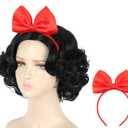 yuehong Short Curly Black Princess Wig Cosplay Synthetic Anime Cosplay Party Hair Wigs With Red Bow