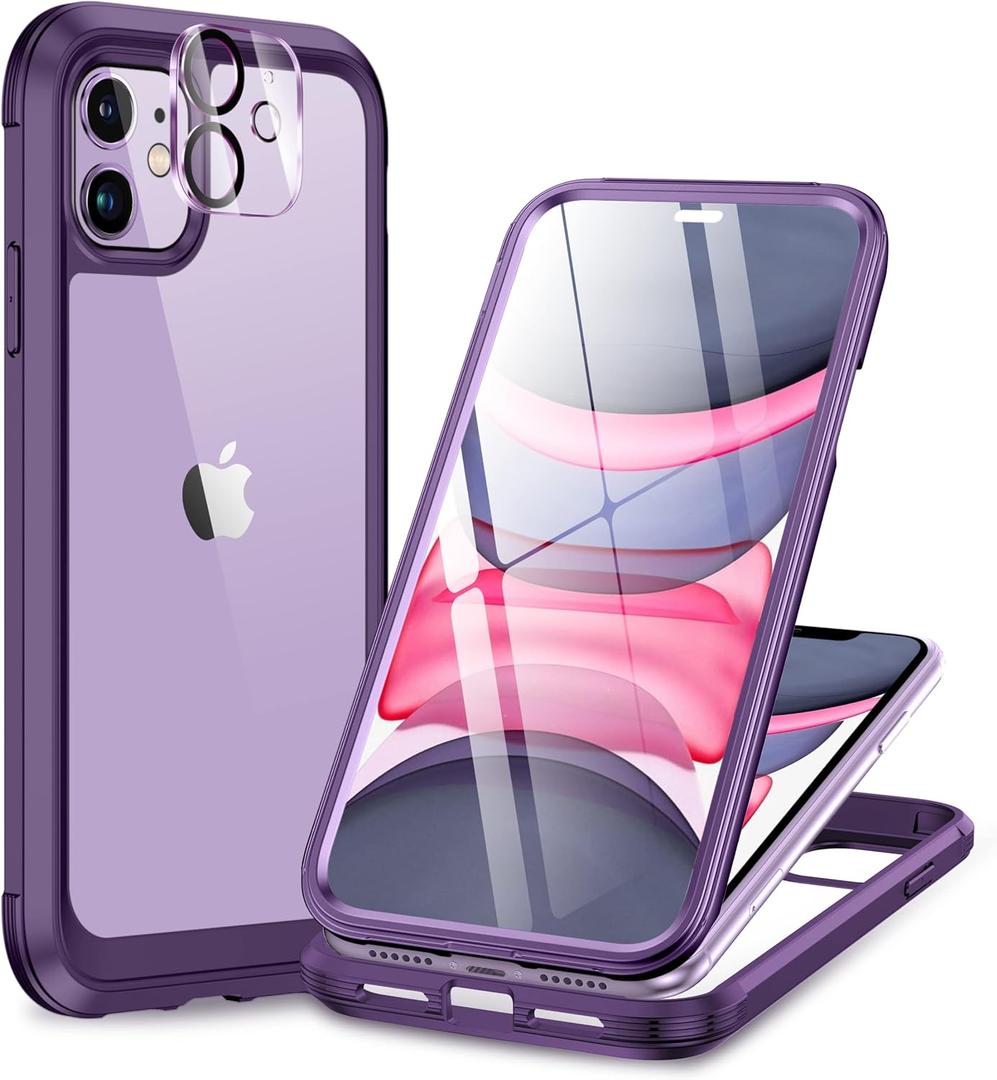 Miracase Glass Series for iPhone 11 Case 6.1 inch, Upgraded Full-Body Rugged Phone Bumper Case Cover with Built-in 9H Tempered Glass Screen Protector and Camera Protector, Purple