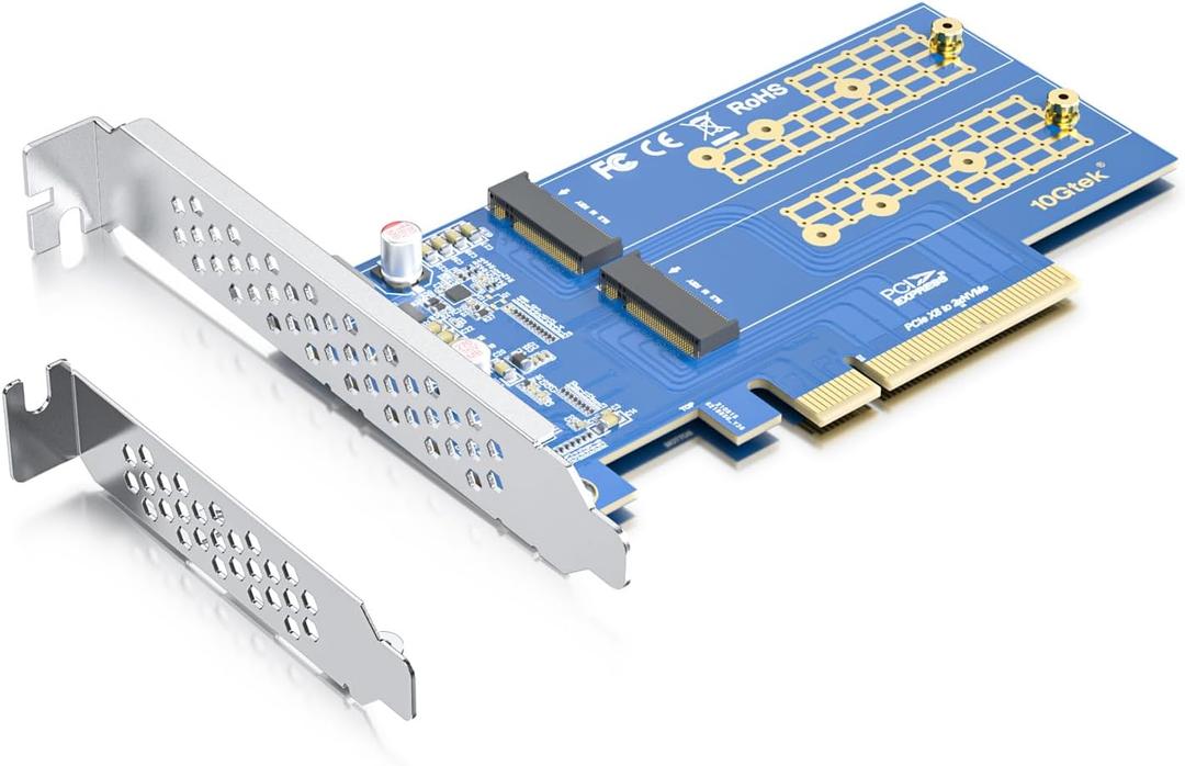 10Gtek 2-Port M.2 NVMe Adapter M-Key, PCIe X8 Gen3. Requires Motherboard BIOS Support for Bifurcation (2x M.2 (M Key))