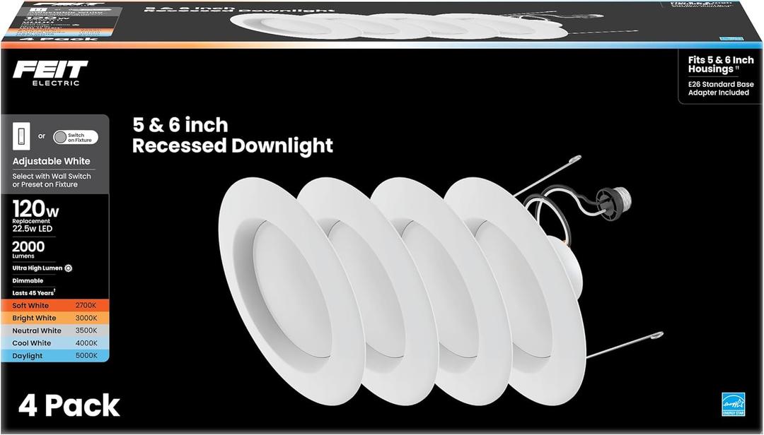 Feit Electric 5/6 Inch LED Recessed Downlight, 22.5W (120W Eqv), Dimmable, Adjustable White 2700K5000K, Retrofit Kit, E26 Adapter, Ideal for Larger Spaces or High Ceilings, LEDR56XHO/6WYCA/4, 4 Pack