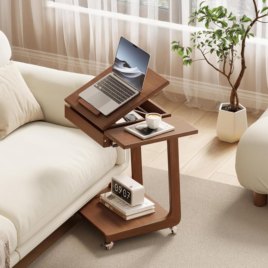 Solid Wood C Shaped End Table for Couch,Walnut C Table with Wheels,Rolling Side Table with Storage,Couch Desk with Adjustable Desktop,Rolling Tv Tray with Folding Shelf,Modern Couch Table