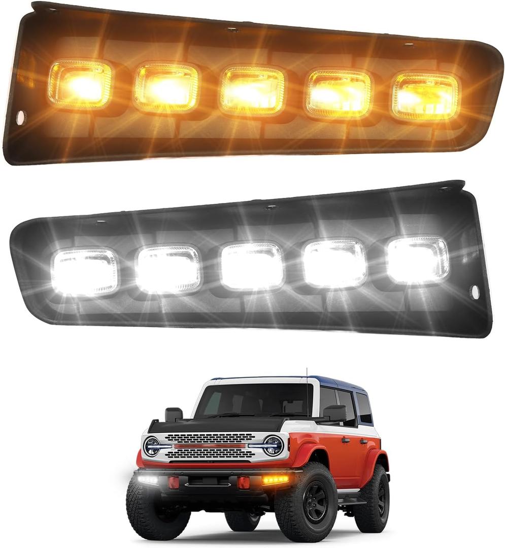 Fog Lights Modular Bumper for 2024 Ford Bronco 2021-2026 Dual-Light Effect LED DRL with Startup Animation Amber Sequential Turn Signal for Bronco Accessories 2/4 Door (with 5 LEDs)