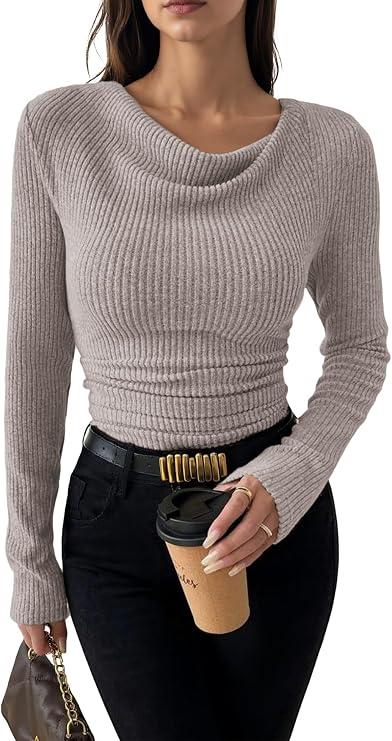 IWD Womens Cowl Neck Tops Basic Long Sleeve Business Casual Outfits Fall Knit Ruched Shirts (Khaki, Large)