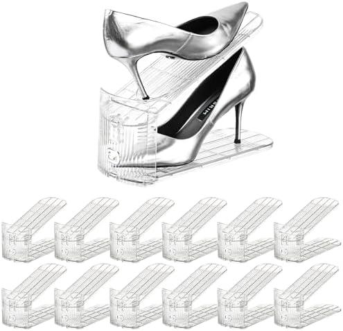 beehomay Shoe Slots Organizer，12Pack Clear Shoe Stackers for a Pair of Shoes,Adjustable Shoe Rack with Three Levels，Shoe Storage Shoe Space Saver
