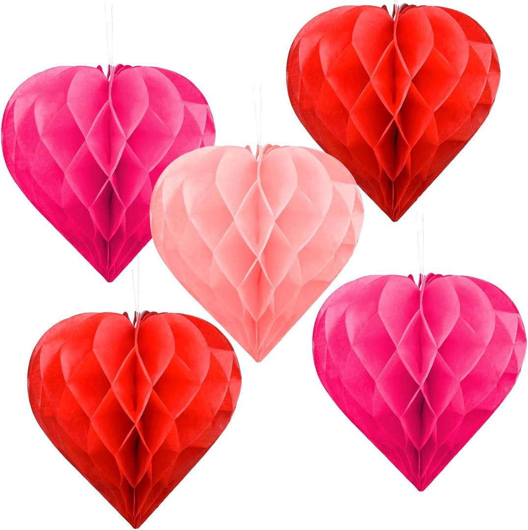 2 x Valentine's Day Party Decoration Set - 5 Pack 12in Heart Honeycomb & Ball Tissue Paper Pom Poms in Red, Love-Inspired Honeycomb Hearts Ideal for Wedding & Classroom Decorations