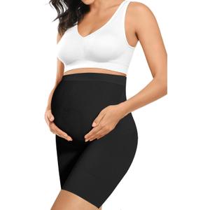Baby Bump Premium Maternity Shapewear, High Waisted Mid-Thigh Pregnancy Underwear Prevent Chaffing Soft Adominal Support (Large, Black)