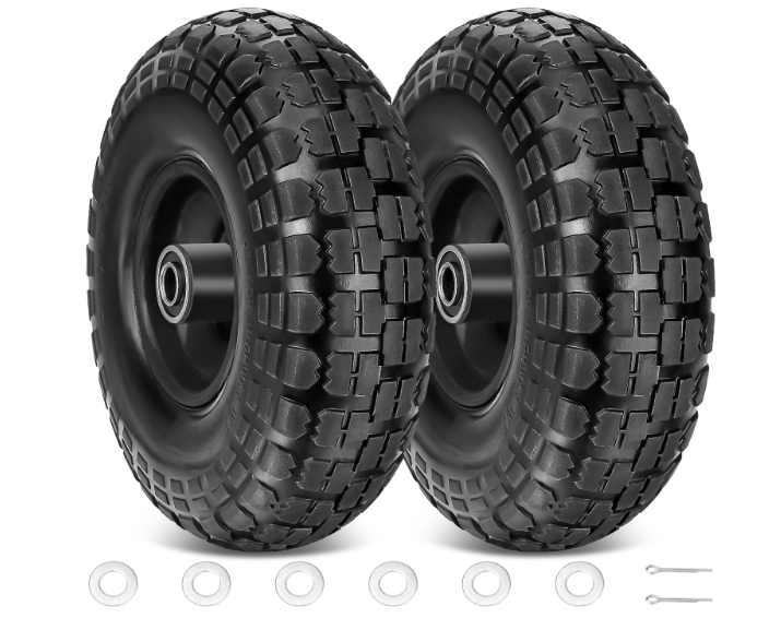 TICONN 10" Solid Tires, 2 Pack Flat Free 4.10/3.50-4'' Wheels with 5/8” Axle Bore Hole and Double Sealed Bearings (Black, 2PK)