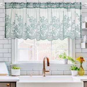 Blue Sheer Valance for Kitchen Window - Farmhouse Voile Valance with Embroidery Flower, Sweet Rustic Lace Valances Rod Pocket for Bedroom Living Room, 16 x 51 Inch, ZHH