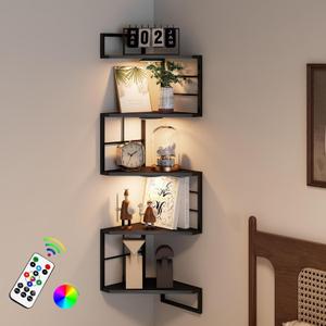 Floating Corner Shelves with Light - 5 Tiers Metal Corner Shelf Wall Mounted for Bedroom Living Room Office Kitchen, Easy-to-Assemble Corner Wall Shelves, Black