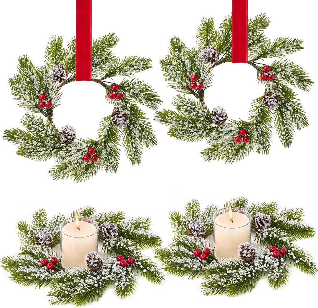 4 Pcs Small Mini Christmas Wreaths for Kitchen Cabinets, Frosted Cedar Christmas Candle Rings Wreath for Pillars Kitchen Cabinet Windows Centerpieces Table Decorations