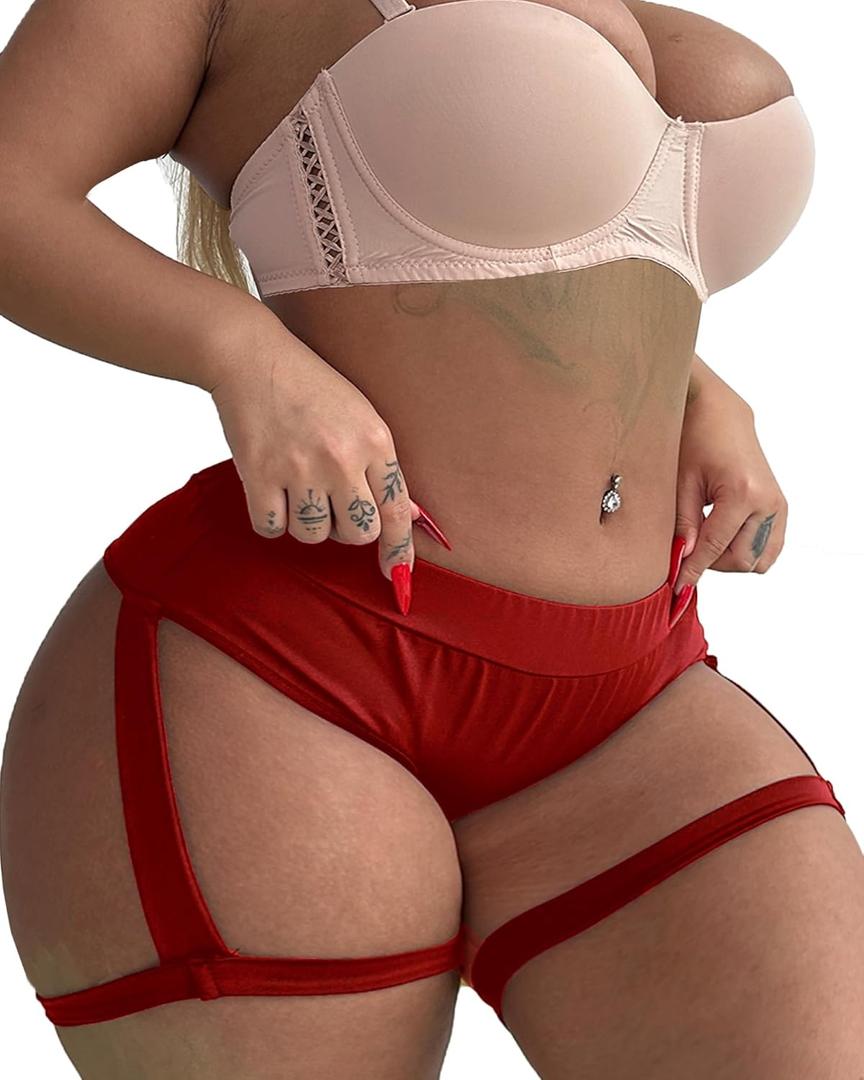 Women's Yoga Shorts with Garters High Waist Slim Sexy Bodycon Booty Dance Hot Pants Bandage Workout Butt Lifting (Red, L)