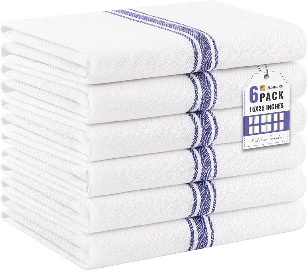 6 x Homaxy Kitchen Towels 6 Pack, 15 x 25 Inch, 100% Ring Spun Cotton Highly Absorbent Dish Towels for Kitchen Drying, Reusable Cleaning Cloths, Soft Tea Towel with Hanging Loop, Blue Stripe