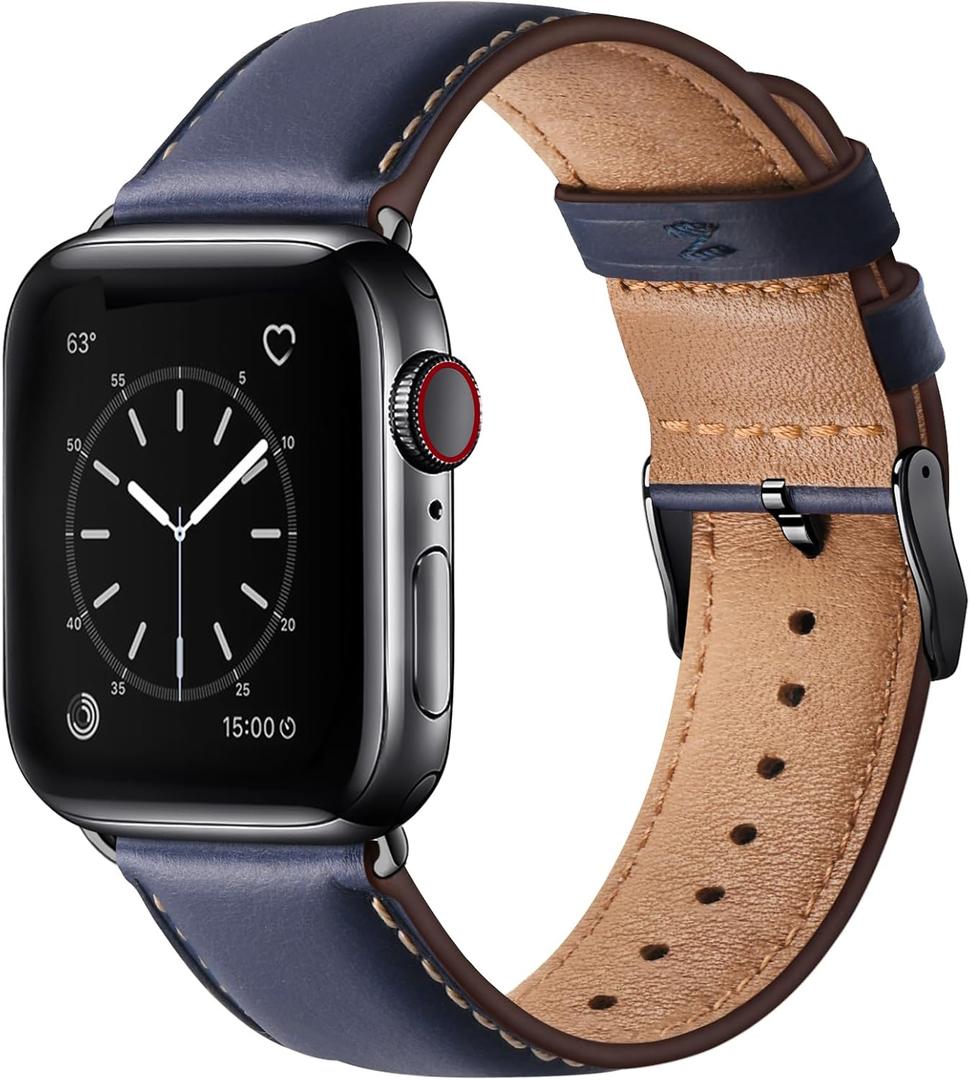 SUNFWR Leather Bands Compatible with Apple Watch Band 42mm(Series 3 2 1) 44mm 45mm 46mm 49mm for Men Women, Top Grain Genuine Leather Replacement Strap for iWatch Ultra 3 2 1, SE3 2 1, Series 11 10 9 8 7 6 5 4 3 2 1 (Blue/Black)