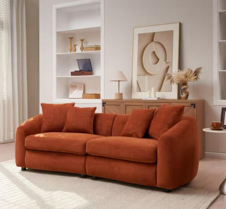 Chikafusa 87 in. Round Arm Cloud Curved Velvet 3-Seater Sofa, Orange-Red