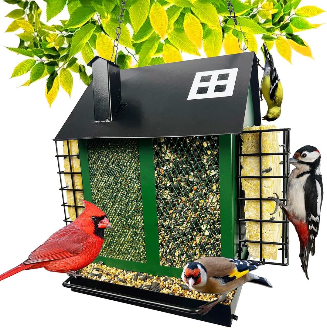 Bird Feeders for Outdoors, Durable Suet Bird Feeder with 2 Seed Trays for Wild Birds, Large Capacity(Green), FWLBH000