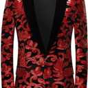 Men Fashion Velvet Sequins Floral Pattern Suit Jacket Blazer (Medium, Red)