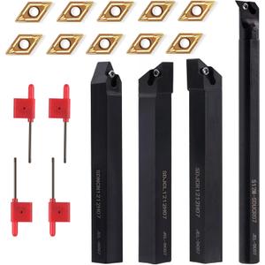 Indexable Lathe Turning Tool 1/2" Shank 14PCS Kit-4PCS Metal Lathe Tools Holder 10PCS DCMT21.51 Carbide Insert for Turning Boring Grooving SDJCR1212H07/SDNCN12120H07/SDJCL1212H07/S12M-SDUCR07