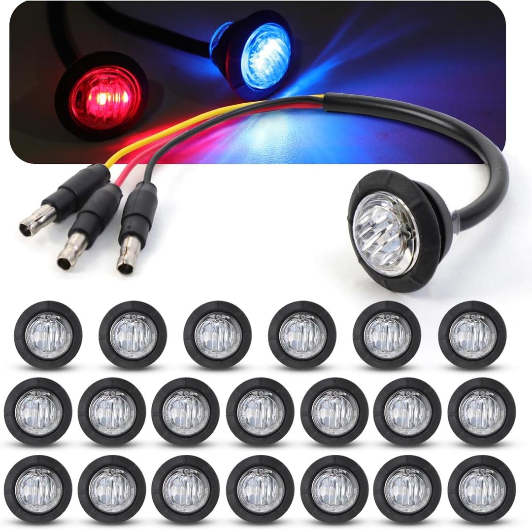 MADCATZ 20 Pcs Multi-Color 3/4 Inch Mini Round 2 LED Red to Blue Side Marker Indicator Clearance Light Dual Colors 12V DC, 3 Wire, for Truck Trailer Boat with Grommet