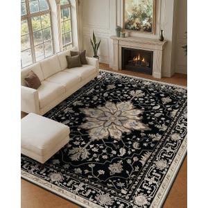 Area Rugs 9'x12' Washable Non-Slip, Floral Vintage Distress Print Pattern Medallion Carpet for Living Room Bedroom Dining Room, Black Brown Neutral Dark Tan
