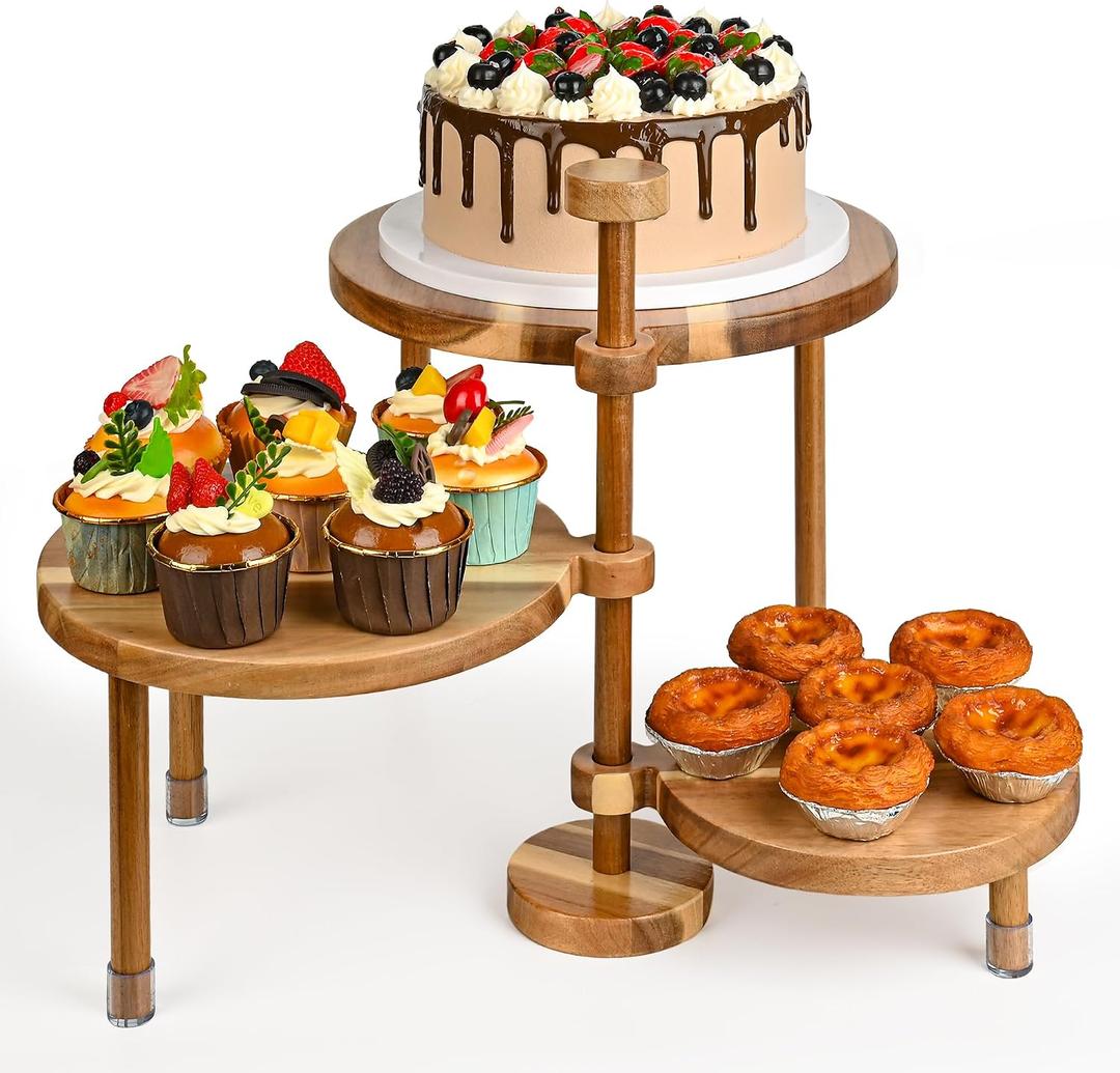 GEHE 3 Tier Round Cupcake Stand, 360 Rotatable Acacia Wood Cake Stand Cupcake Tower, Rustic Wooden Tiered Dessert Table Display Set, Tiered Tray Stands for Birthday, Wedding Party (12-10-8 IN)