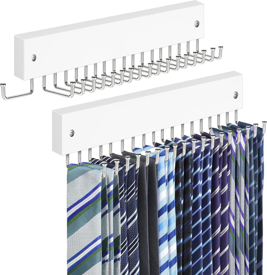 Tie Rack Belt Hanger Wall Mounted, Lomrsiul Non Slip 180 Degree Rotating Tie Organizer for Men Closet with 18 Hooks Closet Organizers and Storage for Tie Belt Necklace Purse Scarf Bag, White, 2 Pack