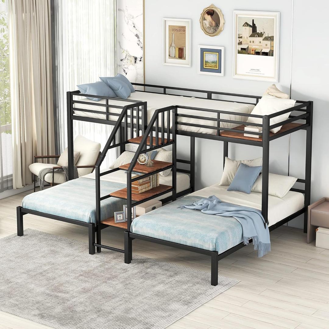 Merax Twin Over Twin & Twin Metal Bunk Bed, Triple Bunk Bed Frame with Storage Shelves Staircase, Black