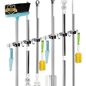 2 Pack 2 Racks and 4 Hooks Broom and Mop Holder Wall Mounted Garage Organizer Storage Tool Racks Stainless Steel Heavy Duty Hooks Self Adhesive Solid Non-slip Wall Hangers for Home Kitchen Garden