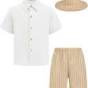 Arshiner Boys Cotton Linen Shorts Sets Button Down Short Sleeve Shirt and Shorts with Bucket Hat Summer Beach Outfits (Size 16)