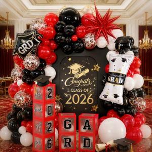 2026 Graduation Decorations Class of 2026 Red and Black Balloons Arch kit with Balloons Boxes, Congratulations Grad Party Decor Gold Confetti Balloon Explosion Star Certificate Trophies Foil Balloon