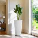 23.6" H Tall Planters for Outdoor Plants Set of 2 - Fluted Large Outdoor Planters for Front Porch Decor with Drainage Hole, Plastic Round Flower Pots Fits Indoor Plants Patio/Garden, White