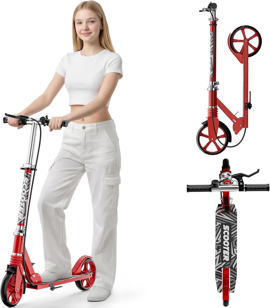 Scooters for Kids 8-12, Teens & Adults - Load 240 LBS, 8-Inch Wheels, Kick Scooter with Shock Absorption System, Hand Brake & Bell, 4 Adjustable Height Levels, Perfect for School, Commuting or Park