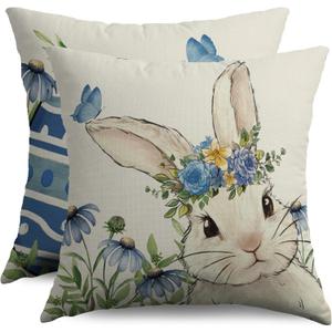Spring Easter Pillow Covers 18X18 Set of 2, Bunny Rabbit Blue Floral Butterfly Easter Egg Holiday Decorative Throw Pillowcases Vintage Seasonal Outdoor Farmhouse Cushion Cases Couch Sofa Bed Decor