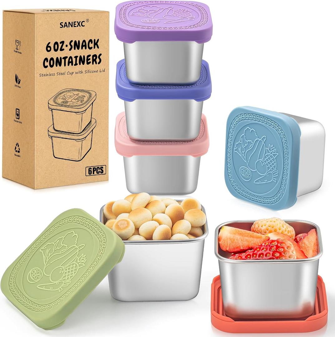 SANEXC 6 Oz Stainless Steel Snack Containers for Kids - 6 Pack Metal Food Containers with Lids Silicone Easy Open 100% Leak Proof BPA Free Reusable Baby Lunch Box for Daycare Travel and Office, 2.36" L x 2.36" W x 2.17" H