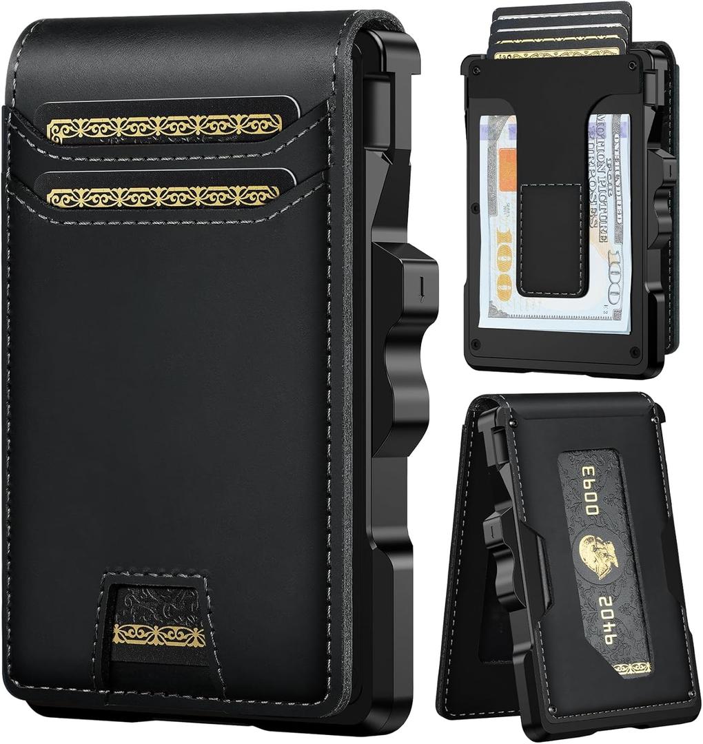 Furid Genuine Leather Wallet for Men: Slim RFID Minimalist Wallets with Money Clip - Smart Pop Up Credit Card Holder for Front Pocket - Gifts for Husband Father on Birthday Anniversary (Full-Grain Black Genuine Leather)